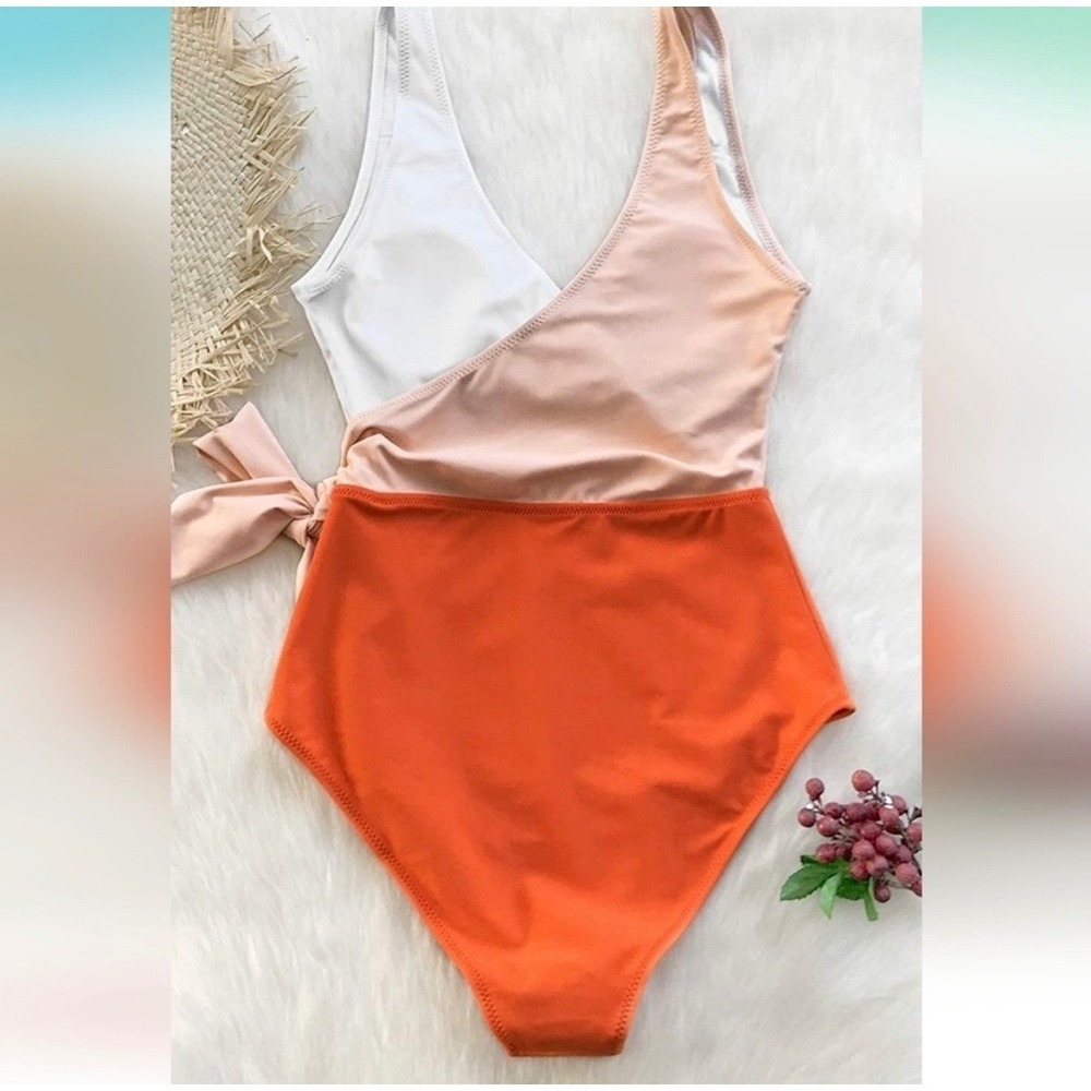 NWT Cupshe Colorblock Wrap Tie One Piece Swimsuit in Orange Peach White Medium - Picture 4 of 7